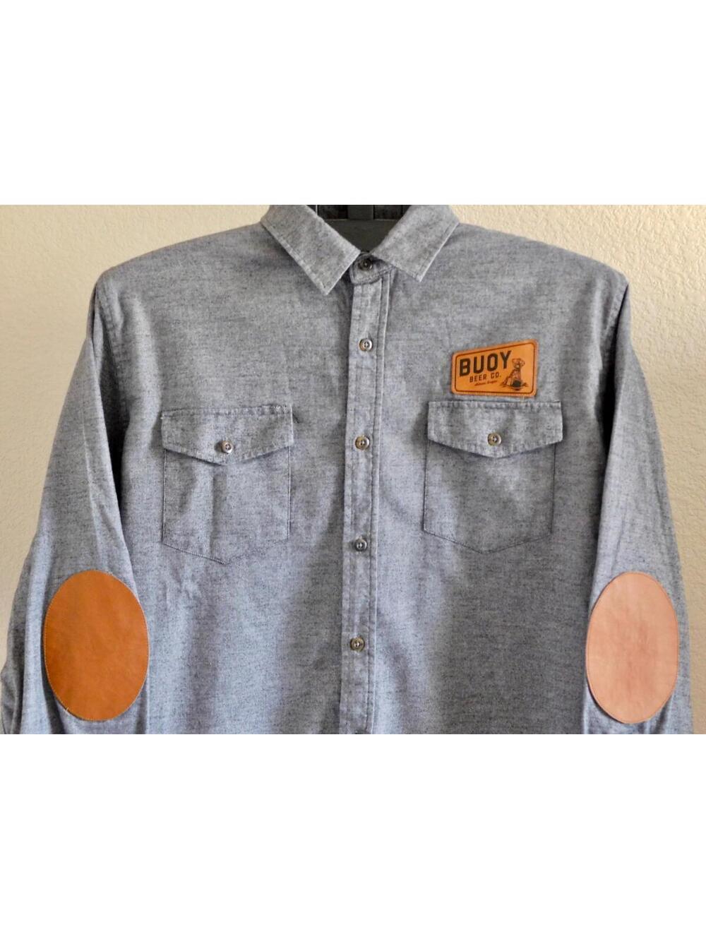 Buoy Beer Company Button Down Shirt Size L Astoria OR Elbow Patch Brewery Logo - Picture 2 of 3